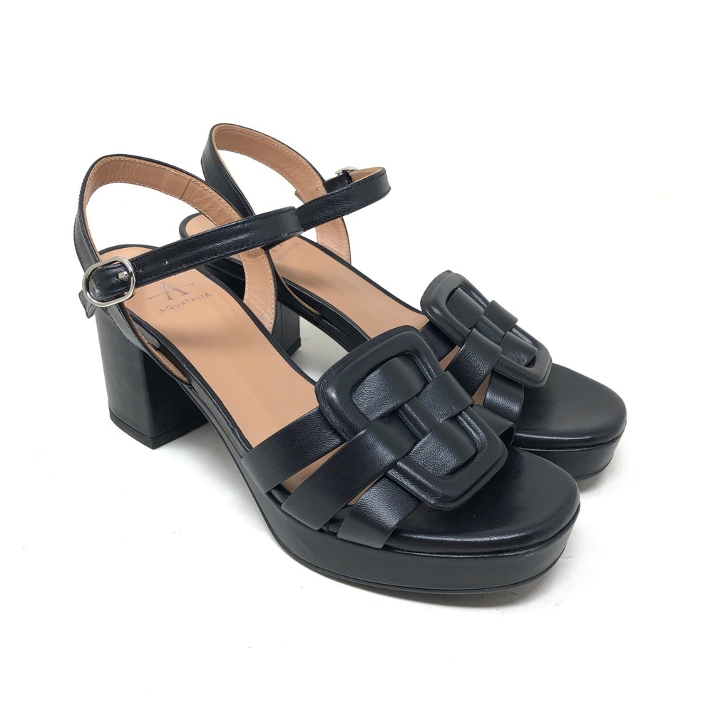 Aquatalia Womens 7.5 Micah Platform Sandals Black Leather Open Toe Block Heel